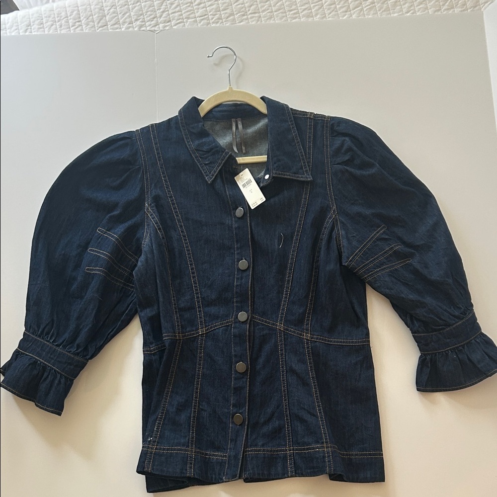 Anthropologie Dark Blue Denim Jacket with Puff Sleeves